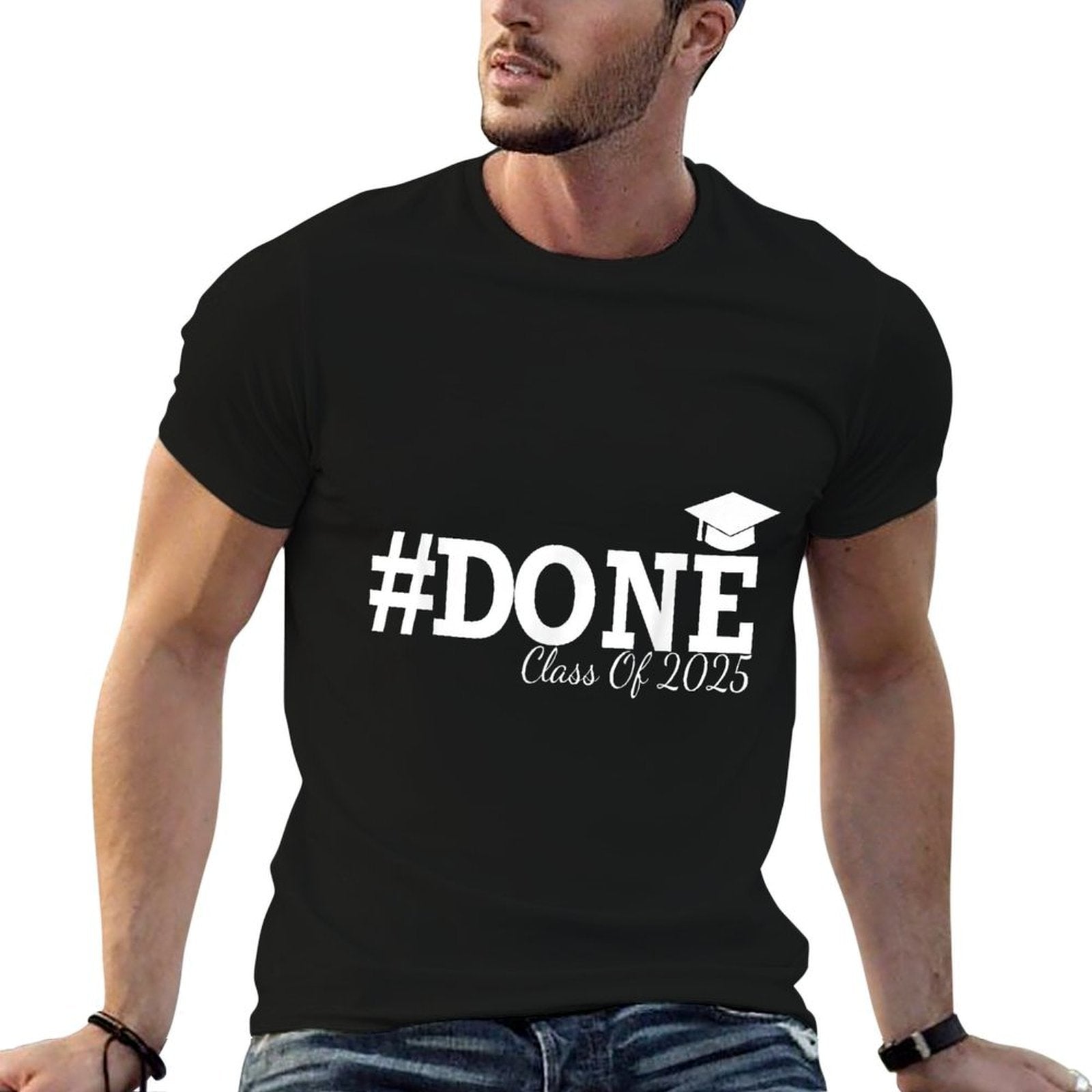 #DONE Class of 2025 Graduation for Her Him Grad Seniors  Ribbed Collar T-Shirt